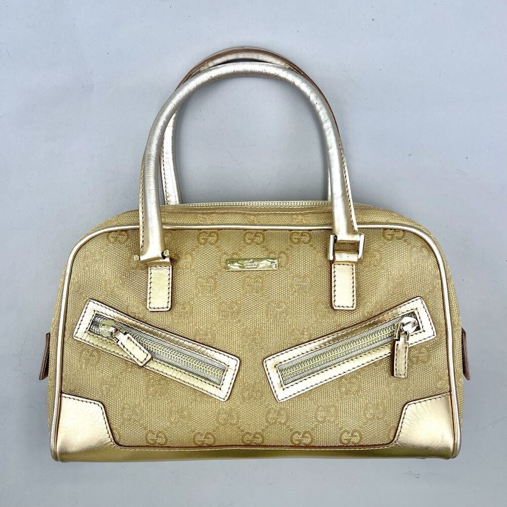 Gucci GG Canvas Handbag Bowler Satchel Tote Bag Gold Metallic Top Handle Bag